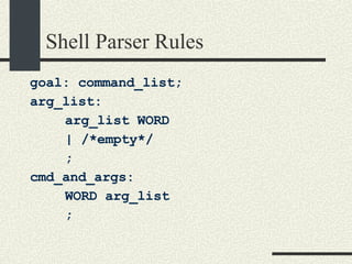 Shell Parser Rules goal: command_list; arg_list: arg_list WORD | /*empty*/ ; cmd_and_args: WORD arg_list ; 