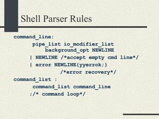 Shell Parser Rules command_line:   pipe_list io_modifier_list    background_opt NEWLINE    | NEWLINE /*accept empty cmd line*/    | error NEWLINE{yyerrok;}   /*error recovery*/ command_list :    command_list command_line ;/* command loop*/ 