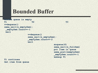 Bounded Buffer Assume queue is empty T1  T2  T3 v=dequeue()‏ sema_wait(&_emptySem); _emptySem.count==-1 wait v=dequeue()‏ sema_wait(&_emptySem); _emptySem.count==-2 wait enqueue(6)‏ sema_wait(&_fullSem)‏ put item in queue sema_post(&emptySem)‏ _emptySem.count==-1 wakeup T1 T1 continues Get item from queue 
