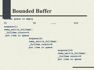 Bounded Buffer Assume queue is empty T1  T2  ……   T10 enqueue(1)‏ sema_wait(&_fullSem); _fullSem.count==9 put item in queue enqueue(2)‏ sema_wait(&_fullSem); _fullSem.count==8 put item in queue enqueue(10)‏ sema_wait(&_fullSem); _fullSem.count==0 put item in queue 