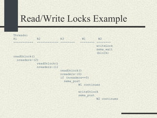Read/Write Locks Example Threads: R1  R2  R3  W1  W2 -----------  ------------ --------  -------- -------- writeLock sema_wait (block)‏ readUnlock()‏ nreaders—(2)‏ readUnlock()‏ nreaders—(1)‏ readUnlock()‏ nreaders—(0)‏ if (nreaders==0)‏ sema_post W1 continues writeUnlock sema_post W2 continues 