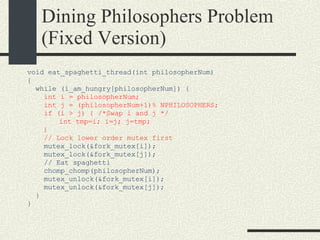 Dining Philosophers Problem (Fixed Version)‏ void eat_spaghetti_thread(int philosopherNum)‏ { while (i_am_hungry[philosopherNum]) { int i = philosopherNum; int j = (philosopherNum+1)% NPHILOSOPHERS; if (i > j) { /*Swap i and j */ int tmp=i; i=j; j=tmp;   } // Lock lower order mutex first mutex_lock(&fork_mutex[i]); mutex_lock(&fork_mutex[j]); // Eat spaghetti  chomp_chomp(philosopherNum); mutex_unlock(&fork_mutex[i]); mutex_unlock(&fork_mutex[j]); } } 
