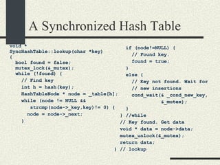A Synchronized Hash Table void *  SyncHashTable::lookup(char *key)‏ { bool found = false; mutex_lock(&_mutex); while (!found) { // Find key int h = hash(key); HashTableNode * node = _table[h]; while (node != NULL &&  strcmp(node->_key,key)!= 0) { node = node->_next; } if (node!=NULL) { // Found key.  found = true; } else { // Key not found. Wait for // new insertions cond_wait(& _cond_new_key,  &_mutex); } } //while // Key found. Get data void * data = node->data; mutex_unlock(&_mutex); return data; } // lookup 
