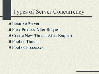 Types of Server Concurrency Iterative Server Fork Process After Request Create New Thread After Request Pool of Threads Pool of Processes 