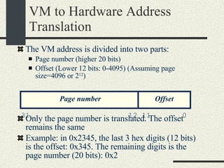 VM to Hardware Address Translation The VM address is divided into two parts: Page number (higher 20 bits)‏ Offset (Lower 12 bits: 0-4095) (Assuming page size=4096 or 2 12 )‏ Only the page number is translated. The offset remains the same Example: in 0x2345, the last 3 hex digits (12 bits) is the offset: 0x345. The remaining digits is the page number (20 bits): 0x2 31  12 11  0 Page number Offset 