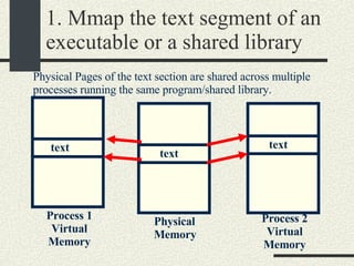 1. Mmap the text segment of an executable or a shared library Physical Memory text text Process 1 Virtual Memory Process 2 Virtual Memory text Physical Pages of the text section are shared across multiple processes running the same program/shared library. 
