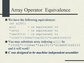 Array Operator  Equivalence We have the following equivalences: int a[20]; a[i]  - is equivalent to  *(a+i)  - is equivalent to  *(&a[0]+i) – is equivalent to *((int*)((char*)&a[0]+i*sizeof(int)))‏ You may substitute array indexing  a[i]  by  *((int*)((char*)&a[0]+i*sizeof(int)))  and it will work! C was designed to be machine independent assembler  