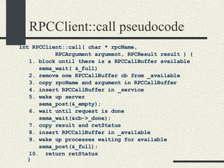 RPCClient::call pseudocode int RPCClient::call( char * rpcName,  RPCArgument argument, RPCResult result ) { 1. block until there is a RPCCallBuffer available sema_wait( &_full)‏   2. remove one RPCCallBuffer cb from _available     3. copy rpcName and argument in RPCCallBuffer     4. insert RPCCallBuffer in _service     5. wake up server sema_post(&_empty);     6. wait until request is done sema_wait(&cb->_done);     7. copy result and retStatus     8. insert RPCCallBuffer in _available     9. wake up processes waiting for available  sema_post(&_full);     10.  return retStatus } 