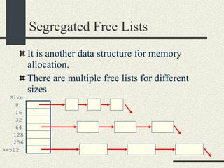 Segregated Free Lists It is another data structure for memory allocation. There are multiple free lists for different sizes. Size 8 16 32 64 128 256 >=512 