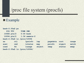 /proc file system (procfs)‏ Example bash-2.05a$ ps  PID TTY  TIME CMD 10086 pts/2  0:00 bash 10094 pts/2  1:36 xemacs-2 bash-2.05a$ ls /proc/10094 as  ctl  lpsinfo  lwp  pagedata  root  usage auxv  cwd  lstatus  map  psinfo  sigact  watch cred  fd  lusage  object  rmap  status  xmap bash-2.05a$ ls /proc/10094/ 
