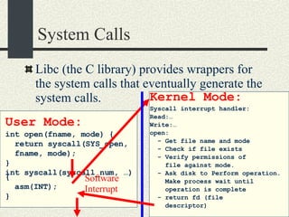 System Calls Libc (the C library) provides wrappers for the system calls that eventually generate the system calls. User Mode: int open(fname, mode) { return syscall(SYS_open,  fname, mode); } int syscall(syscall_num, …) { asm(INT); } Kernel Mode: Syscall interrupt handler: Read:… Write:… open: - Get file name and mode - Check if file exists - Verify permissions of file against mode. - Ask disk to Perform operation.  Make process wait until  operation is complete - return fd (file  descriptor)‏ Software Interrupt 
