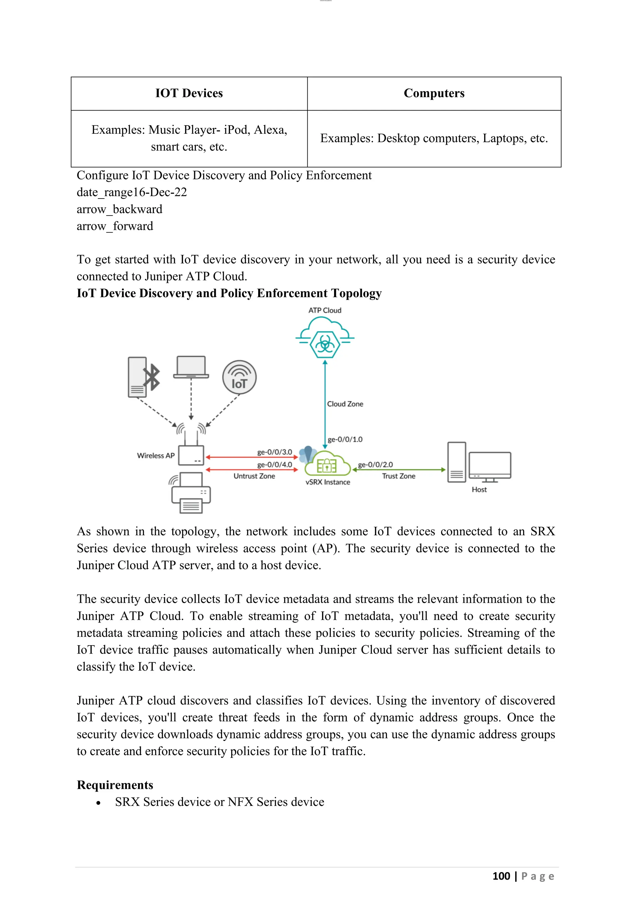 lOMoAR cPSD|26885763
100 | P a g e
IOT Devices Computers
Examples: Music Player- iPod, Alexa,
smart cars, etc.
Examples: Desktop computers, Laptops, etc.
Configure IoT Device Discovery and Policy Enforcement
date_range16-Dec-22
arrow_backward
arrow_forward
To get started with IoT device discovery in your network, all you need is a security device
connected to Juniper ATP Cloud.
IoT Device Discovery and Policy Enforcement Topology
As shown in the topology, the network includes some IoT devices connected to an SRX
Series device through wireless access point (AP). The security device is connected to the
Juniper Cloud ATP server, and to a host device.
The security device collects IoT device metadata and streams the relevant information to the
Juniper ATP Cloud. To enable streaming of IoT metadata, you'll need to create security
metadata streaming policies and attach these policies to security policies. Streaming of the
IoT device traffic pauses automatically when Juniper Cloud server has sufficient details to
classify the IoT device.
Juniper ATP cloud discovers and classifies IoT devices. Using the inventory of discovered
IoT devices, you'll create threat feeds in the form of dynamic address groups. Once the
security device downloads dynamic address groups, you can use the dynamic address groups
to create and enforce security policies for the IoT traffic.
Requirements
• SRX Series device or NFX Series device
 