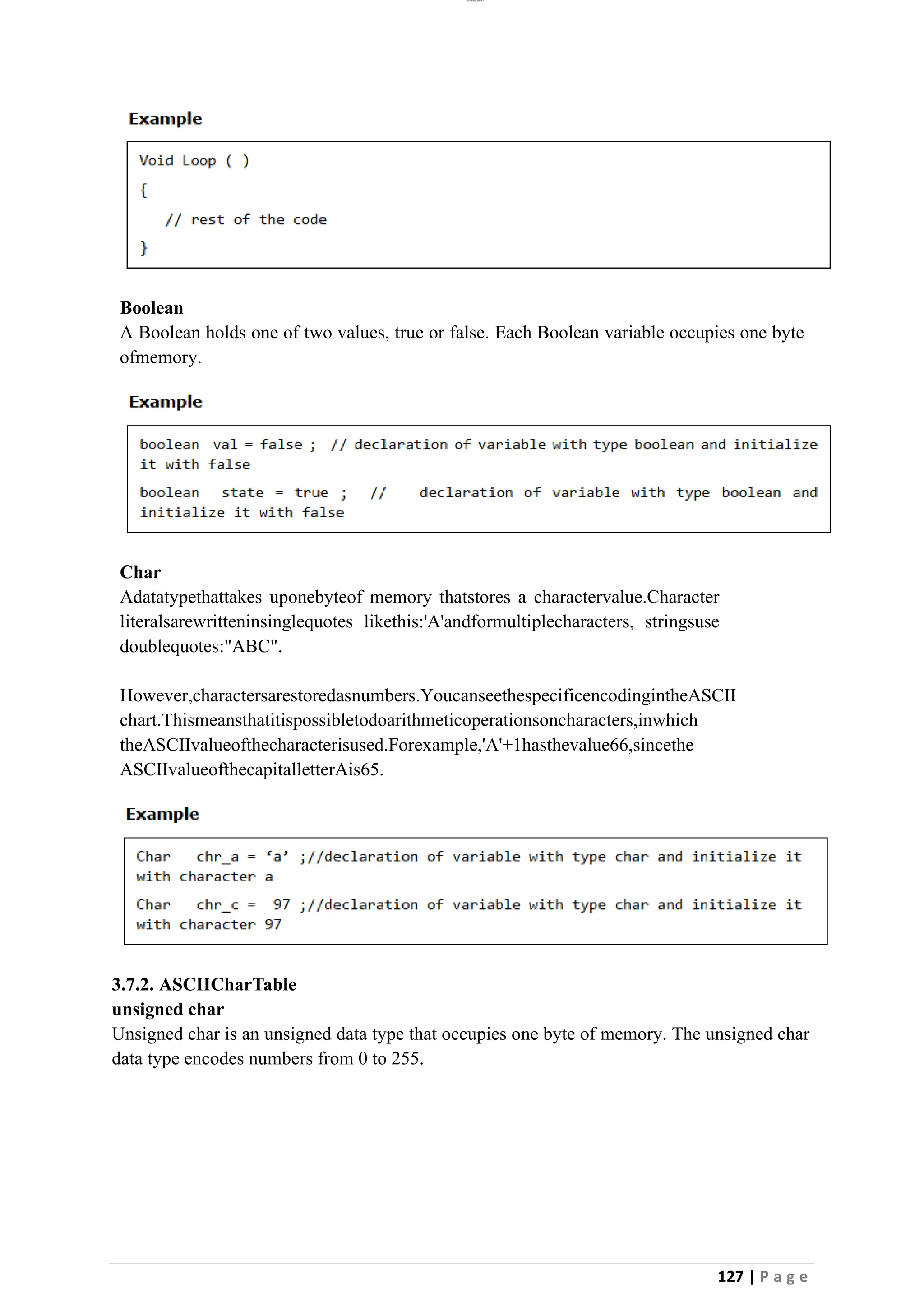 lOMoAR cPSD|26885763
127 | P a g e
Boolean
A Boolean holds one of two values, true or false. Each Boolean variable occupies one byte
ofmemory.
Char
Adatatypethattakes uponebyteof memory thatstores a charactervalue.Character
literalsarewritteninsinglequotes likethis:'A'andformultiplecharacters, stringsuse
doublequotes:"ABC".
However,charactersarestoredasnumbers.YoucanseethespecificencodingintheASCII
chart.Thismeansthatitispossibletodoarithmeticoperationsoncharacters,inwhich
theASCIIvalueofthecharacterisused.Forexample,'A'+1hasthevalue66,sincethe
ASCIIvalueofthecapitalletterAis65.
3.7.2. ASCIICharTable
unsigned char
Unsigned char is an unsigned data type that occupies one byte of memory. The unsigned char
data type encodes numbers from 0 to 255.
 