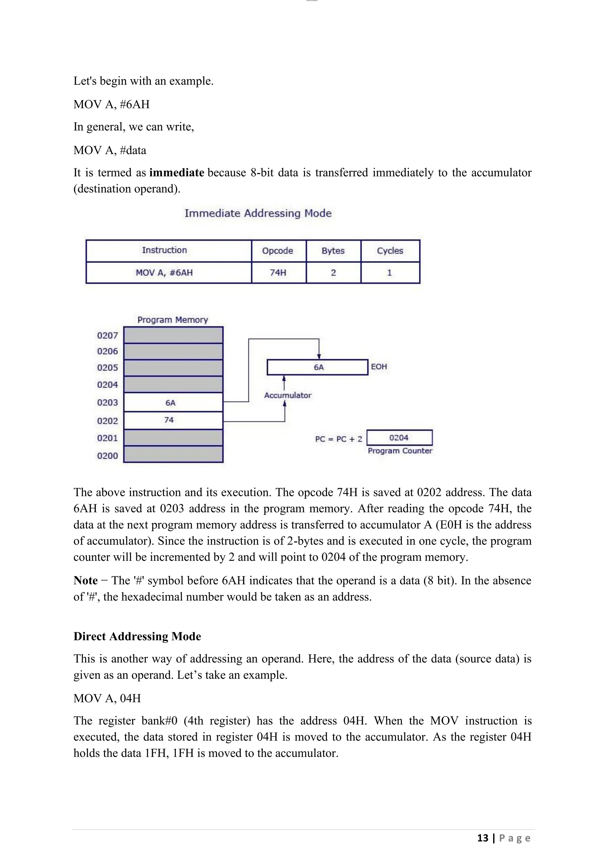 lOMoAR cPSD|26885763
13 | P a g e
Let's begin with an example.
MOV A, #6AH
In general, we can write,
MOV A, #data
It is termed as immediate because 8-bit data is transferred immediately to the accumulator
(destination operand).
The above instruction and its execution. The opcode 74H is saved at 0202 address. The data
6AH is saved at 0203 address in the program memory. After reading the opcode 74H, the
data at the next program memory address is transferred to accumulator A (E0H is the address
of accumulator). Since the instruction is of 2-bytes and is executed in one cycle, the program
counter will be incremented by 2 and will point to 0204 of the program memory.
Note − The '#' symbol before 6AH indicates that the operand is a data (8 bit). In the absence
of '#', the hexadecimal number would be taken as an address.
Direct Addressing Mode
This is another way of addressing an operand. Here, the address of the data (source data) is
given as an operand. Let’s take an example.
MOV A, 04H
The register bank#0 (4th register) has the address 04H. When the MOV instruction is
executed, the data stored in register 04H is moved to the accumulator. As the register 04H
holds the data 1FH, 1FH is moved to the accumulator.
 