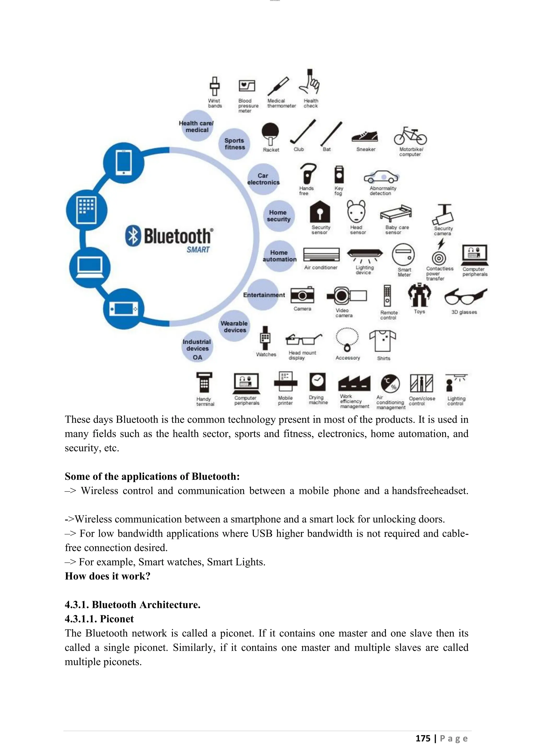 lOMoAR cPSD|26885763
175 | P a g e
These days Bluetooth is the common technology present in most of the products. It is used in
many fields such as the health sector, sports and fitness, electronics, home automation, and
security, etc.
Some of the applications of Bluetooth:
–> Wireless control and communication between a mobile phone and a handsfreeheadset.
->Wireless communication between a smartphone and a smart lock for unlocking doors.
–> For low bandwidth applications where USB higher bandwidth is not required and cable-
free connection desired.
–> For example, Smart watches, Smart Lights.
How does it work?
4.3.1. Bluetooth Architecture.
4.3.1.1. Piconet
The Bluetooth network is called a piconet. If it contains one master and one slave then its
called a single piconet. Similarly, if it contains one master and multiple slaves are called
multiple piconets.
 