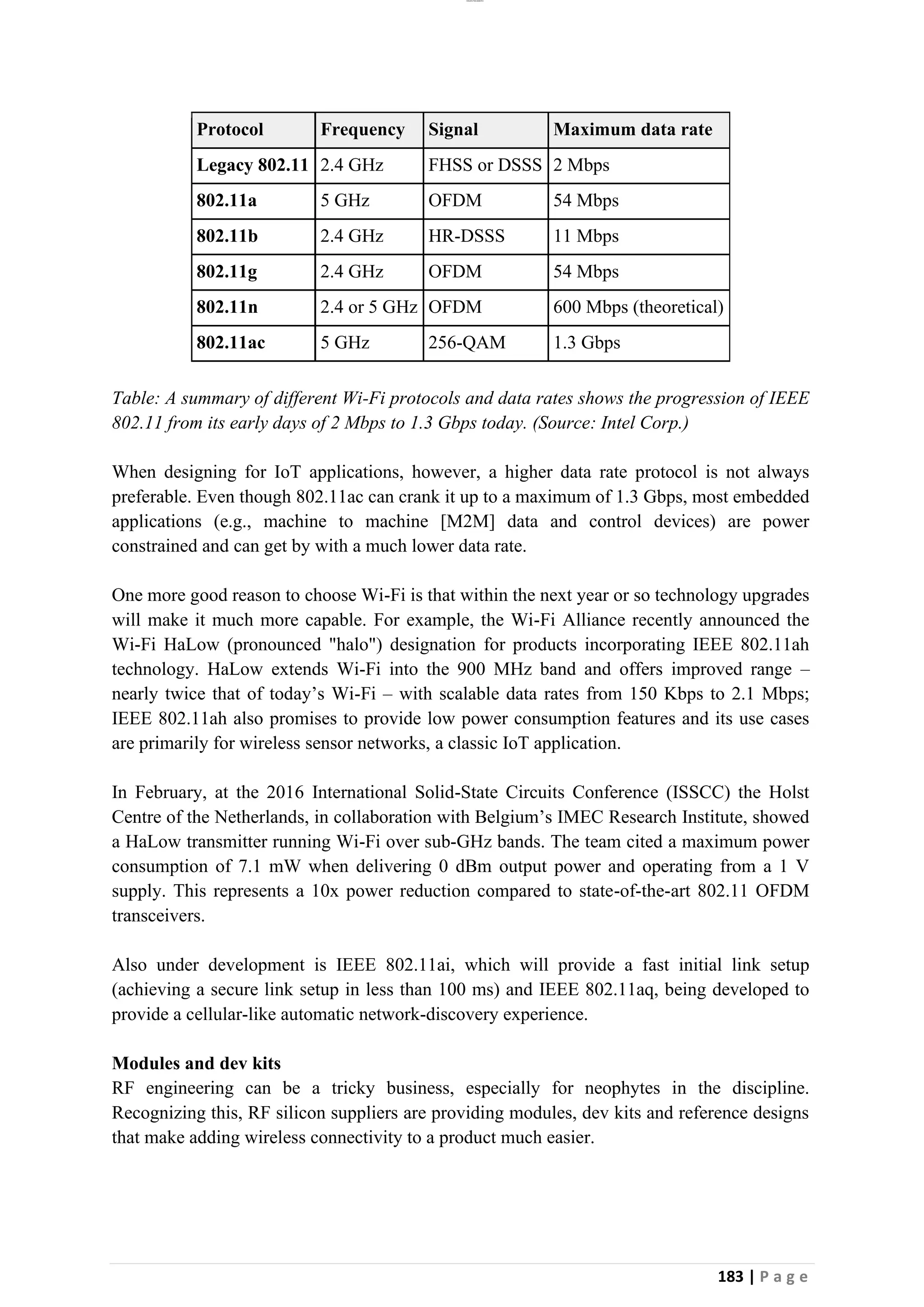 lOMoAR cPSD|26885763
183 | P a g e
Protocol Frequency Signal Maximum data rate
Legacy 802.11 2.4 GHz FHSS or DSSS 2 Mbps
802.11a 5 GHz OFDM 54 Mbps
802.11b 2.4 GHz HR-DSSS 11 Mbps
802.11g 2.4 GHz OFDM 54 Mbps
802.11n 2.4 or 5 GHz OFDM 600 Mbps (theoretical)
802.11ac 5 GHz 256-QAM 1.3 Gbps
Table: A summary of different Wi-Fi protocols and data rates shows the progression of IEEE
802.11 from its early days of 2 Mbps to 1.3 Gbps today. (Source: Intel Corp.)
When designing for IoT applications, however, a higher data rate protocol is not always
preferable. Even though 802.11ac can crank it up to a maximum of 1.3 Gbps, most embedded
applications (e.g., machine to machine [M2M] data and control devices) are power
constrained and can get by with a much lower data rate.
One more good reason to choose Wi-Fi is that within the next year or so technology upgrades
will make it much more capable. For example, the Wi-Fi Alliance recently announced the
Wi-Fi HaLow (pronounced "halo") designation for products incorporating IEEE 802.11ah
technology. HaLow extends Wi-Fi into the 900 MHz band and offers improved range –
nearly twice that of today’s Wi-Fi – with scalable data rates from 150 Kbps to 2.1 Mbps;
IEEE 802.11ah also promises to provide low power consumption features and its use cases
are primarily for wireless sensor networks, a classic IoT application.
In February, at the 2016 International Solid-State Circuits Conference (ISSCC) the Holst
Centre of the Netherlands, in collaboration with Belgium’s IMEC Research Institute, showed
a HaLow transmitter running Wi-Fi over sub-GHz bands. The team cited a maximum power
consumption of 7.1 mW when delivering 0 dBm output power and operating from a 1 V
supply. This represents a 10x power reduction compared to state-of-the-art 802.11 OFDM
transceivers.
Also under development is IEEE 802.11ai, which will provide a fast initial link setup
(achieving a secure link setup in less than 100 ms) and IEEE 802.11aq, being developed to
provide a cellular-like automatic network-discovery experience.
Modules and dev kits
RF engineering can be a tricky business, especially for neophytes in the discipline.
Recognizing this, RF silicon suppliers are providing modules, dev kits and reference designs
that make adding wireless connectivity to a product much easier.
 