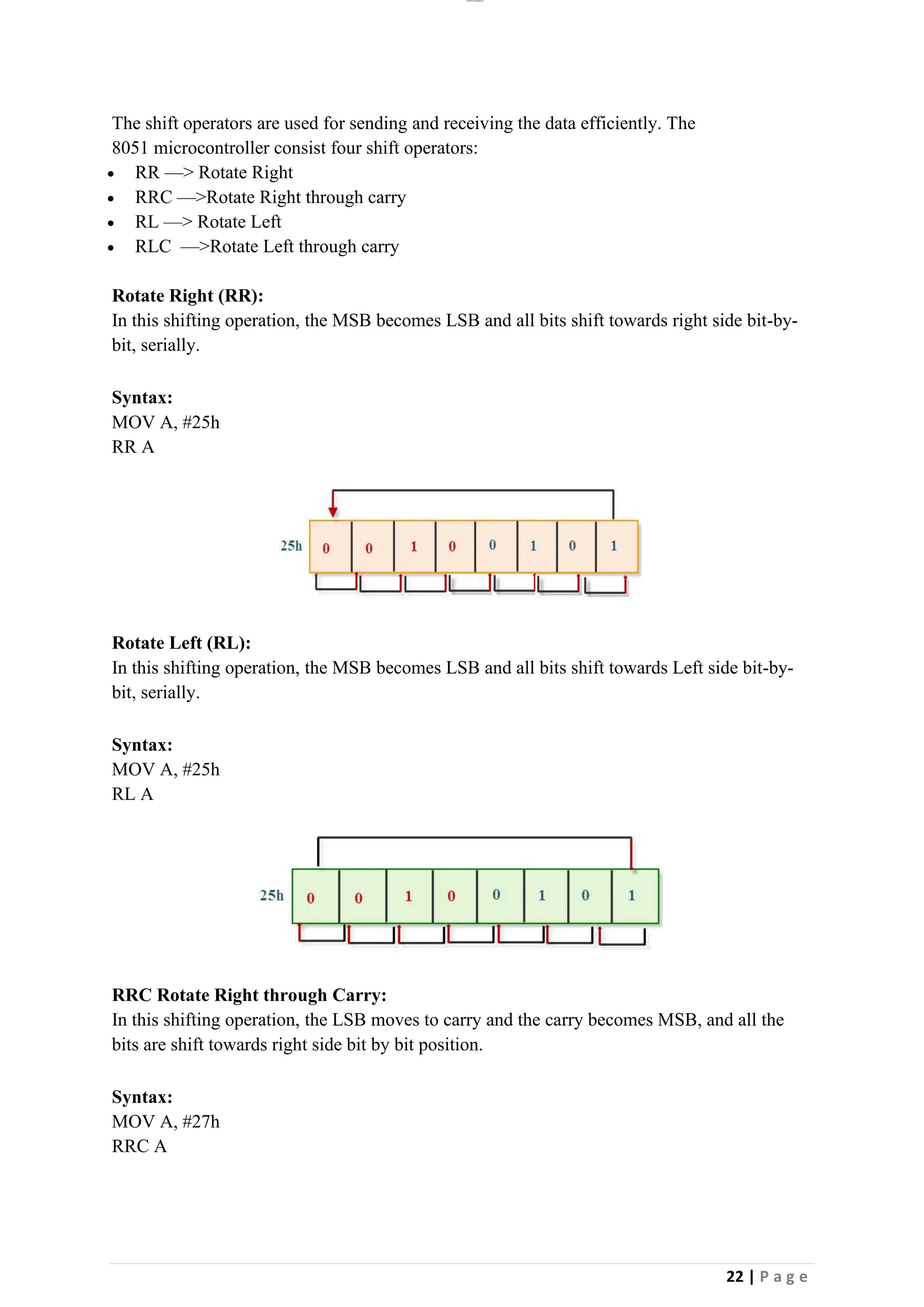 lOMoAR cPSD|26885763
22 | P a g e
The shift operators are used for sending and receiving the data efficiently. The
8051 microcontroller consist four shift operators:
• RR —> Rotate Right
• RRC —>Rotate Right through carry
• RL —> Rotate Left
• RLC —>Rotate Left through carry
Rotate Right (RR):
In this shifting operation, the MSB becomes LSB and all bits shift towards right side bit-by-
bit, serially.
Syntax:
MOV A, #25h
RR A
Rotate Left (RL):
In this shifting operation, the MSB becomes LSB and all bits shift towards Left side bit-by-
bit, serially.
Syntax:
MOV A, #25h
RL A
RRC Rotate Right through Carry:
In this shifting operation, the LSB moves to carry and the carry becomes MSB, and all the
bits are shift towards right side bit by bit position.
Syntax:
MOV A, #27h
RRC A
 
