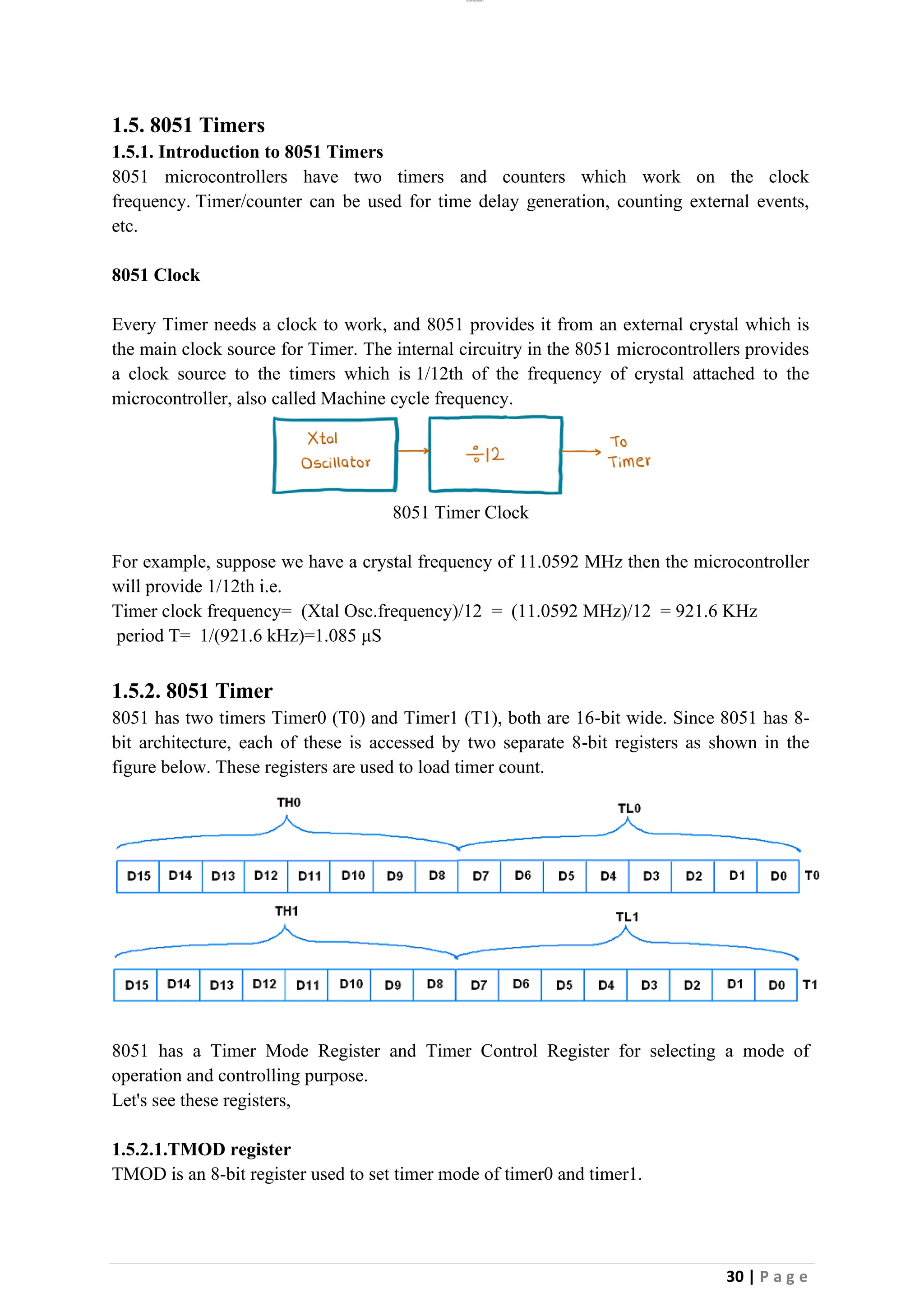 lOMoAR cPSD|26885763
30 | P a g e
1.5. 8051 Timers
1.5.1. Introduction to 8051 Timers
8051 microcontrollers have two timers and counters which work on the clock
frequency. Timer/counter can be used for time delay generation, counting external events,
etc.
8051 Clock
Every Timer needs a clock to work, and 8051 provides it from an external crystal which is
the main clock source for Timer. The internal circuitry in the 8051 microcontrollers provides
a clock source to the timers which is 1/12th of the frequency of crystal attached to the
microcontroller, also called Machine cycle frequency.
8051 Timer Clock
For example, suppose we have a crystal frequency of 11.0592 MHz then the microcontroller
will provide 1/12th i.e.
Timer clock frequency= (Xtal Osc.frequency)/12 = (11.0592 MHz)/12 = 921.6 KHz
period T= 1/(921.6 kHz)=1.085 μS
1.5.2. 8051 Timer
8051 has two timers Timer0 (T0) and Timer1 (T1), both are 16-bit wide. Since 8051 has 8-
bit architecture, each of these is accessed by two separate 8-bit registers as shown in the
figure below. These registers are used to load timer count.
8051 has a Timer Mode Register and Timer Control Register for selecting a mode of
operation and controlling purpose.
Let's see these registers,
1.5.2.1.TMOD register
TMOD is an 8-bit register used to set timer mode of timer0 and timer1.
 