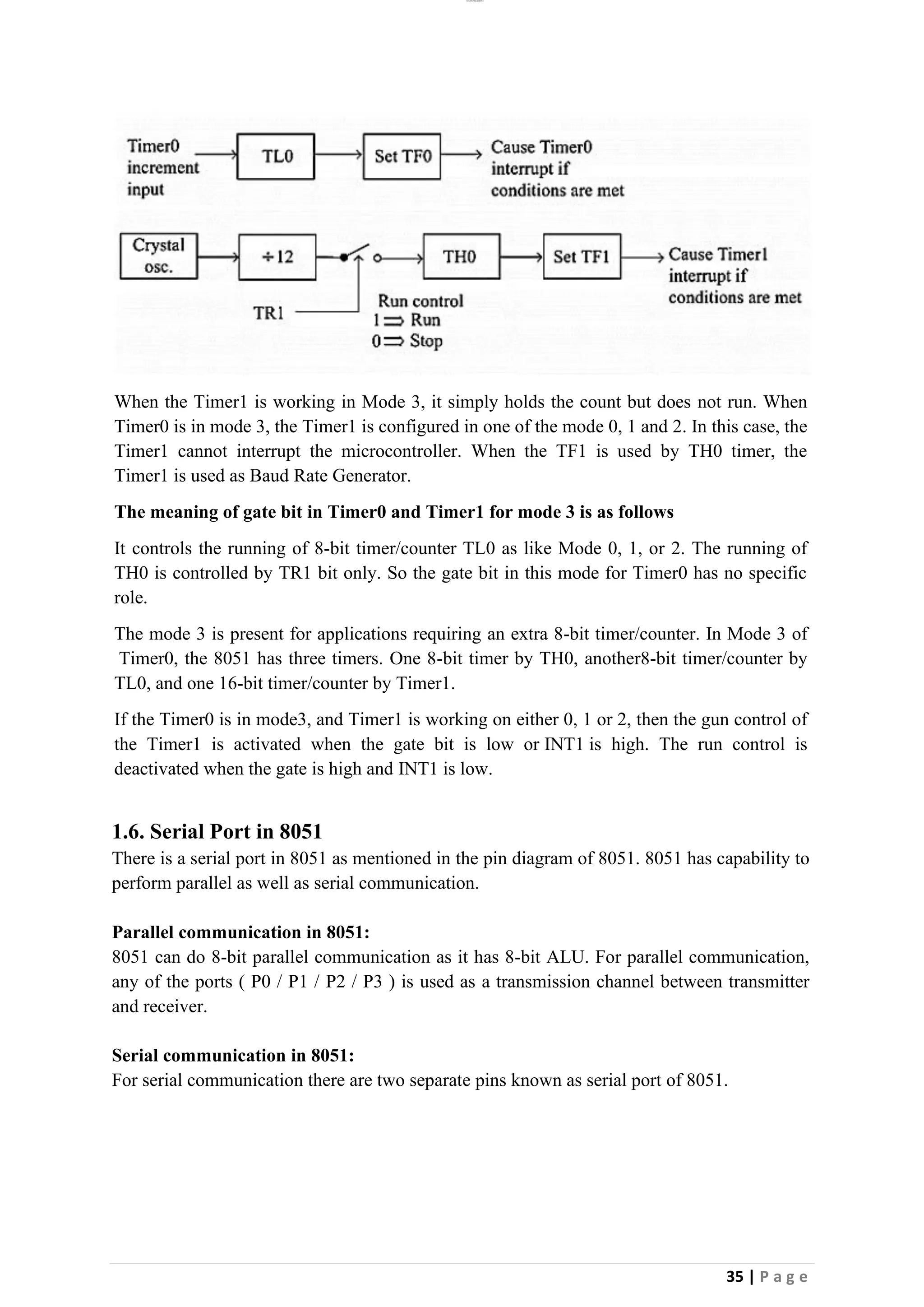 lOMoAR cPSD|26885763
35 | P a g e
When the Timer1 is working in Mode 3, it simply holds the count but does not run. When
Timer0 is in mode 3, the Timer1 is configured in one of the mode 0, 1 and 2. In this case, the
Timer1 cannot interrupt the microcontroller. When the TF1 is used by TH0 timer, the
Timer1 is used as Baud Rate Generator.
The meaning of gate bit in Timer0 and Timer1 for mode 3 is as follows
It controls the running of 8-bit timer/counter TL0 as like Mode 0, 1, or 2. The running of
TH0 is controlled by TR1 bit only. So the gate bit in this mode for Timer0 has no specific
role.
The mode 3 is present for applications requiring an extra 8-bit timer/counter. In Mode 3 of
Timer0, the 8051 has three timers. One 8-bit timer by TH0, another8-bit timer/counter by
TL0, and one 16-bit timer/counter by Timer1.
If the Timer0 is in mode3, and Timer1 is working on either 0, 1 or 2, then the gun control of
the Timer1 is activated when the gate bit is low or INT1 is high. The run control is
deactivated when the gate is high and INT1 is low.
1.6. Serial Port in 8051
There is a serial port in 8051 as mentioned in the pin diagram of 8051. 8051 has capability to
perform parallel as well as serial communication.
Parallel communication in 8051:
8051 can do 8-bit parallel communication as it has 8-bit ALU. For parallel communication,
any of the ports ( P0 / P1 / P2 / P3 ) is used as a transmission channel between transmitter
and receiver.
Serial communication in 8051:
For serial communication there are two separate pins known as serial port of 8051.
 
