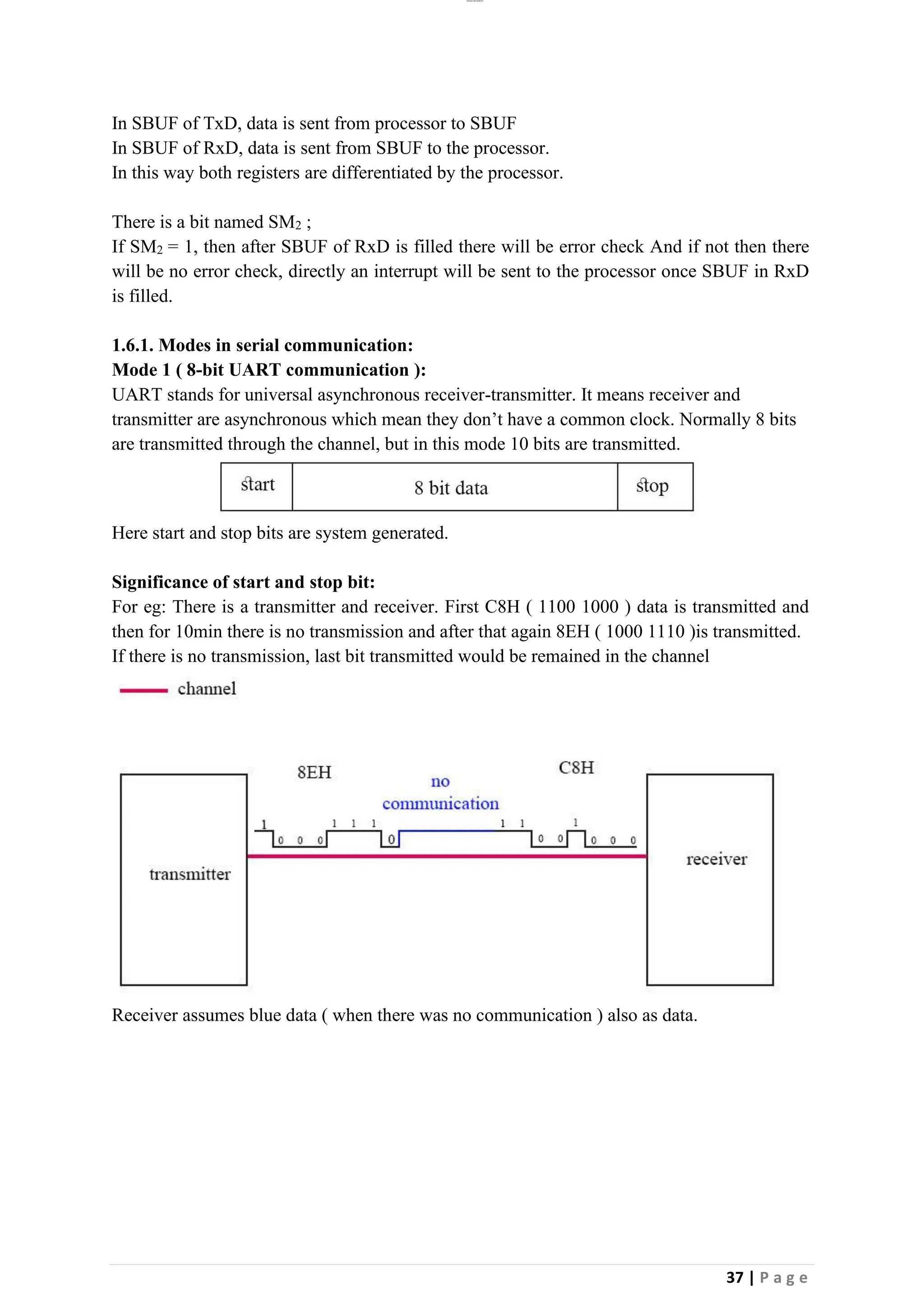lOMoAR cPSD|26885763
37 | P a g e
In SBUF of TxD, data is sent from processor to SBUF
In SBUF of RxD, data is sent from SBUF to the processor.
In this way both registers are differentiated by the processor.
There is a bit named SM2 ;
If SM2 = 1, then after SBUF of RxD is filled there will be error check And if not then there
will be no error check, directly an interrupt will be sent to the processor once SBUF in RxD
is filled.
1.6.1. Modes in serial communication:
Mode 1 ( 8-bit UART communication ):
UART stands for universal asynchronous receiver-transmitter. It means receiver and
transmitter are asynchronous which mean they don’t have a common clock. Normally 8 bits
are transmitted through the channel, but in this mode 10 bits are transmitted.
Here start and stop bits are system generated.
Significance of start and stop bit:
For eg: There is a transmitter and receiver. First C8H ( 1100 1000 ) data is transmitted and
then for 10min there is no transmission and after that again 8EH ( 1000 1110 )is transmitted.
If there is no transmission, last bit transmitted would be remained in the channel
Receiver assumes blue data ( when there was no communication ) also as data.
 