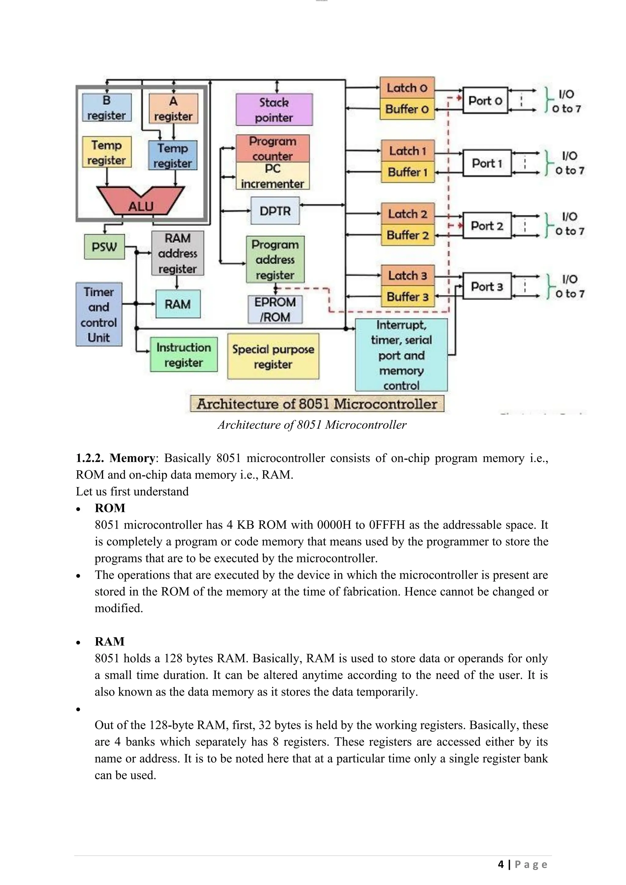 lOMoAR cPSD|26885763
4 | P a g e
Architecture of 8051 Microcontroller
1.2.2. Memory: Basically 8051 microcontroller consists of on-chip program memory i.e.,
ROM and on-chip data memory i.e., RAM.
Let us first understand
• ROM
8051 microcontroller has 4 KB ROM with 0000H to 0FFFH as the addressable space. It
is completely a program or code memory that means used by the programmer to store the
programs that are to be executed by the microcontroller.
• The operations that are executed by the device in which the microcontroller is present are
stored in the ROM of the memory at the time of fabrication. Hence cannot be changed or
modified.
• RAM
8051 holds a 128 bytes RAM. Basically, RAM is used to store data or operands for only
a small time duration. It can be altered anytime according to the need of the user. It is
also known as the data memory as it stores the data temporarily.
•
Out of the 128-byte RAM, first, 32 bytes is held by the working registers. Basically, these
are 4 banks which separately has 8 registers. These registers are accessed either by its
name or address. It is to be noted here that at a particular time only a single register bank
can be used.
 