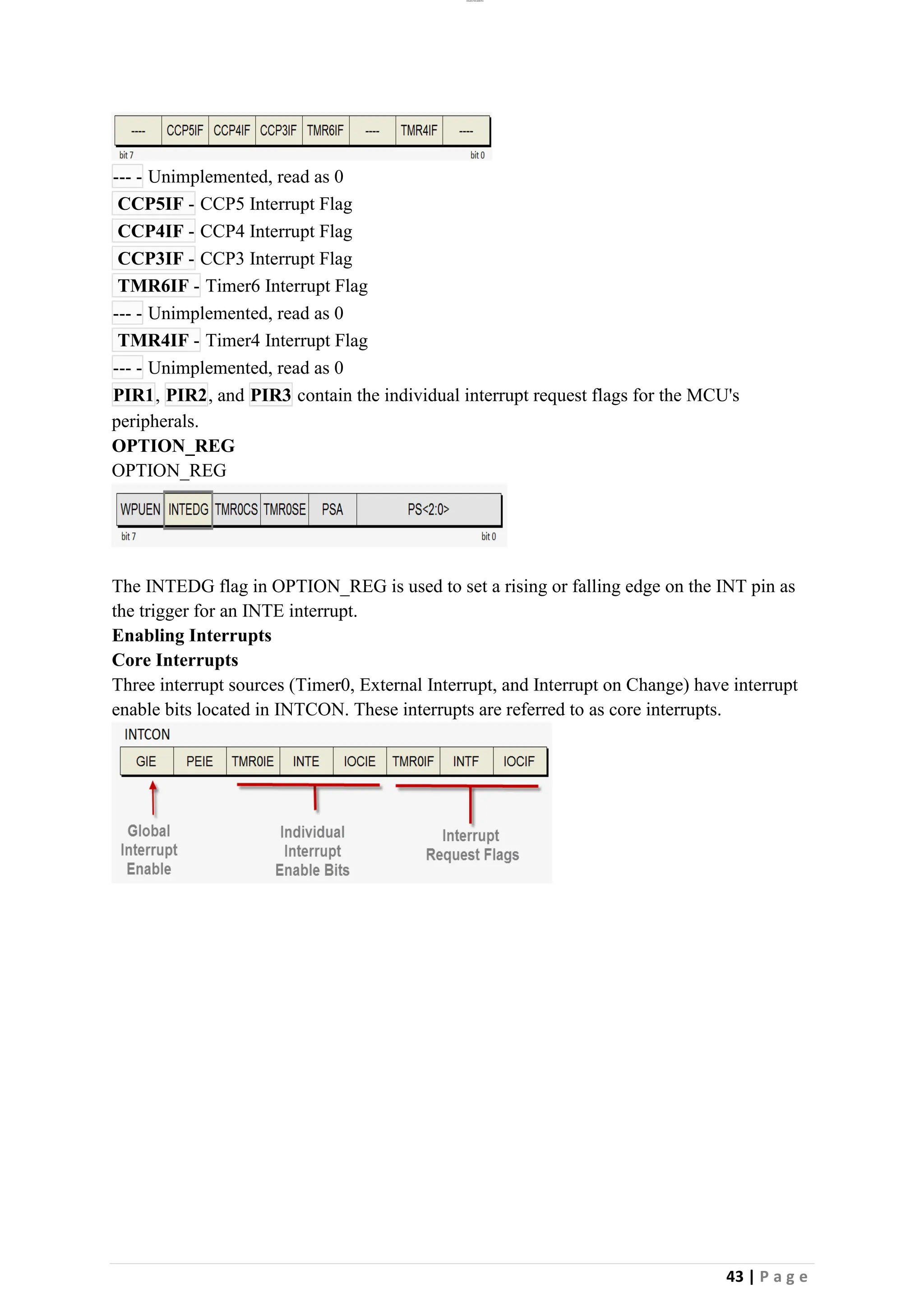 lOMoAR cPSD|26885763
43 | P a g e
--- - Unimplemented, read as 0
CCP5IF - CCP5 Interrupt Flag
CCP4IF - CCP4 Interrupt Flag
CCP3IF - CCP3 Interrupt Flag
TMR6IF - Timer6 Interrupt Flag
--- - Unimplemented, read as 0
TMR4IF - Timer4 Interrupt Flag
--- - Unimplemented, read as 0
PIR1, PIR2, and PIR3 contain the individual interrupt request flags for the MCU's
peripherals.
OPTION_REG
OPTION_REG
The INTEDG flag in OPTION_REG is used to set a rising or falling edge on the INT pin as
the trigger for an INTE interrupt.
Enabling Interrupts
Core Interrupts
Three interrupt sources (Timer0, External Interrupt, and Interrupt on Change) have interrupt
enable bits located in INTCON. These interrupts are referred to as core interrupts.
 