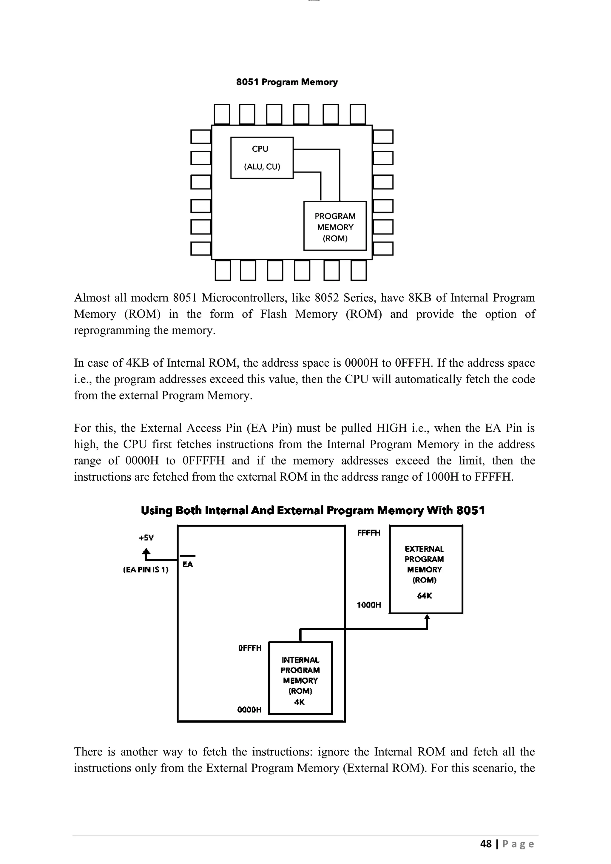 lOMoAR cPSD|26885763
48 | P a g e
Almost all modern 8051 Microcontrollers, like 8052 Series, have 8KB of Internal Program
Memory (ROM) in the form of Flash Memory (ROM) and provide the option of
reprogramming the memory.
In case of 4KB of Internal ROM, the address space is 0000H to 0FFFH. If the address space
i.e., the program addresses exceed this value, then the CPU will automatically fetch the code
from the external Program Memory.
For this, the External Access Pin (EA Pin) must be pulled HIGH i.e., when the EA Pin is
high, the CPU first fetches instructions from the Internal Program Memory in the address
range of 0000H to 0FFFFH and if the memory addresses exceed the limit, then the
instructions are fetched from the external ROM in the address range of 1000H to FFFFH.
There is another way to fetch the instructions: ignore the Internal ROM and fetch all the
instructions only from the External Program Memory (External ROM). For this scenario, the
 