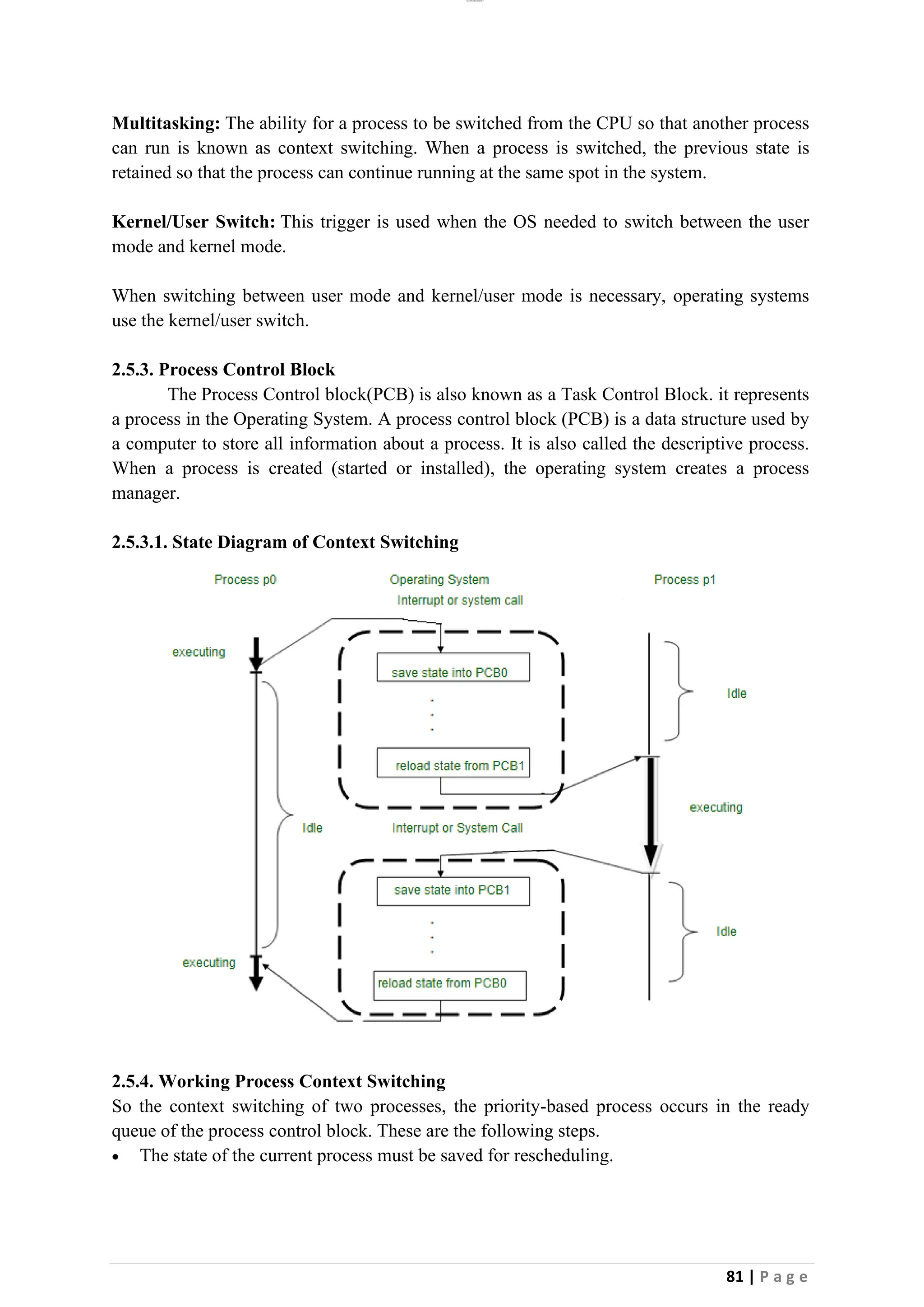 lOMoAR cPSD|26885763
81 | P a g e
Multitasking: The ability for a process to be switched from the CPU so that another process
can run is known as context switching. When a process is switched, the previous state is
retained so that the process can continue running at the same spot in the system.
Kernel/User Switch: This trigger is used when the OS needed to switch between the user
mode and kernel mode.
When switching between user mode and kernel/user mode is necessary, operating systems
use the kernel/user switch.
2.5.3. Process Control Block
The Process Control block(PCB) is also known as a Task Control Block. it represents
a process in the Operating System. A process control block (PCB) is a data structure used by
a computer to store all information about a process. It is also called the descriptive process.
When a process is created (started or installed), the operating system creates a process
manager.
2.5.3.1. State Diagram of Context Switching
2.5.4. Working Process Context Switching
So the context switching of two processes, the priority-based process occurs in the ready
queue of the process control block. These are the following steps.
• The state of the current process must be saved for rescheduling.
 