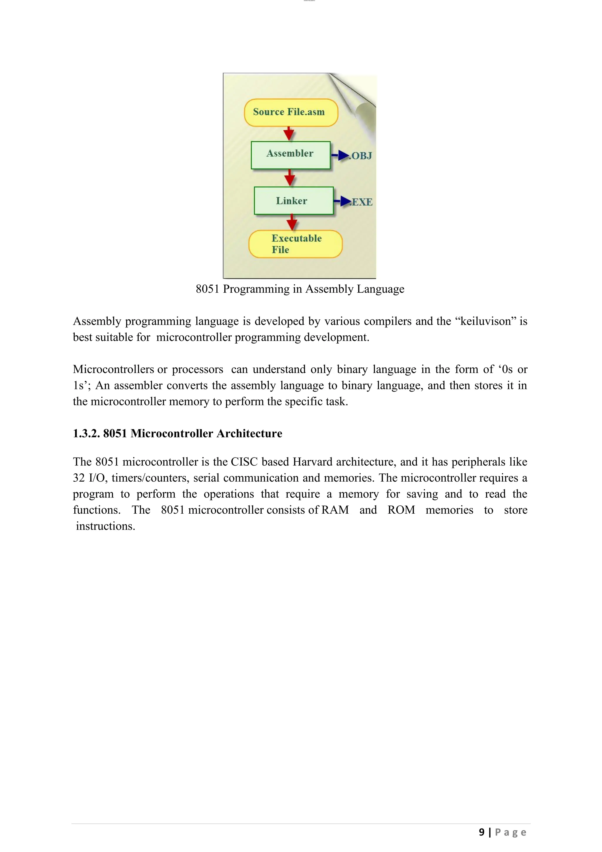 lOMoAR cPSD|26885763
9 | P a g e
8051 Programming in Assembly Language
Assembly programming language is developed by various compilers and the “keiluvison” is
best suitable for microcontroller programming development.
Microcontrollers or processors can understand only binary language in the form of ‘0s or
1s’; An assembler converts the assembly language to binary language, and then stores it in
the microcontroller memory to perform the specific task.
1.3.2. 8051 Microcontroller Architecture
The 8051 microcontroller is the CISC based Harvard architecture, and it has peripherals like
32 I/O, timers/counters, serial communication and memories. The microcontroller requires a
program to perform the operations that require a memory for saving and to read the
functions. The 8051 microcontroller consists of RAM and ROM memories to store
instructions.
 