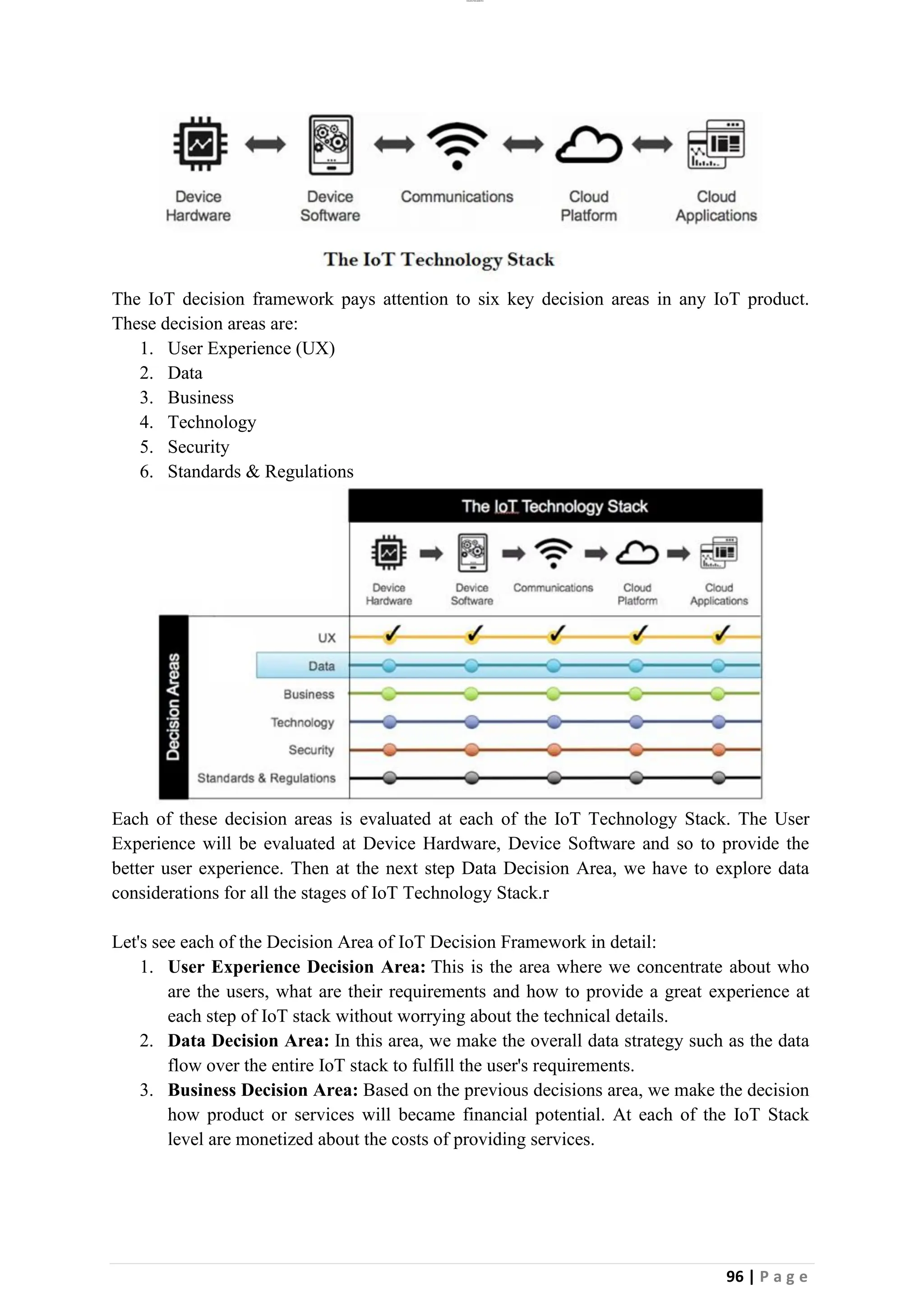 lOMoAR cPSD|26885763
96 | P a g e
The IoT decision framework pays attention to six key decision areas in any IoT product.
These decision areas are:
1. User Experience (UX)
2. Data
3. Business
4. Technology
5. Security
6. Standards & Regulations
Each of these decision areas is evaluated at each of the IoT Technology Stack. The User
Experience will be evaluated at Device Hardware, Device Software and so to provide the
better user experience. Then at the next step Data Decision Area, we have to explore data
considerations for all the stages of IoT Technology Stack.r
Let's see each of the Decision Area of IoT Decision Framework in detail:
1. User Experience Decision Area: This is the area where we concentrate about who
are the users, what are their requirements and how to provide a great experience at
each step of IoT stack without worrying about the technical details.
2. Data Decision Area: In this area, we make the overall data strategy such as the data
flow over the entire IoT stack to fulfill the user's requirements.
3. Business Decision Area: Based on the previous decisions area, we make the decision
how product or services will became financial potential. At each of the IoT Stack
level are monetized about the costs of providing services.
 