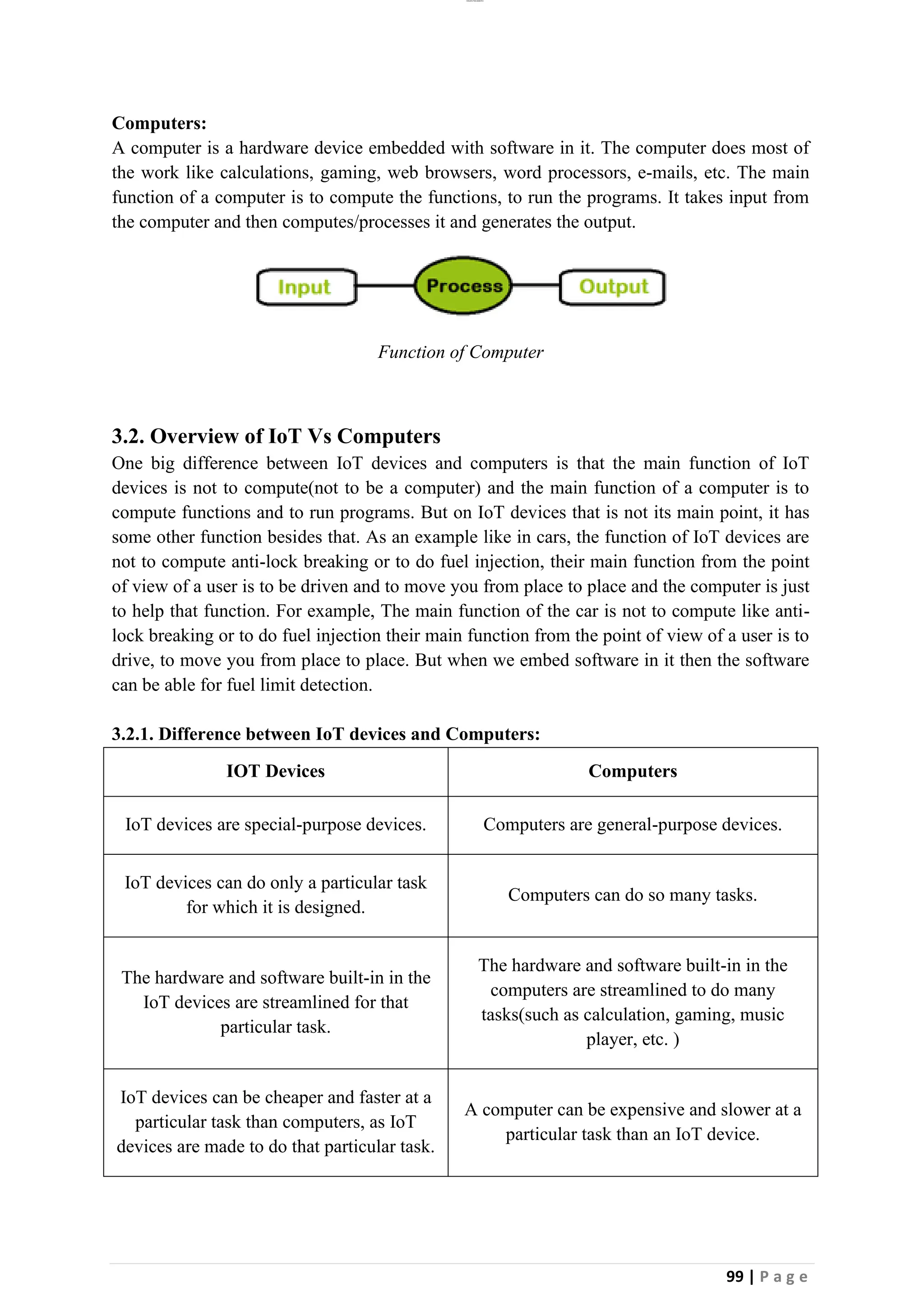 lOMoAR cPSD|26885763
99 | P a g e
Computers:
A computer is a hardware device embedded with software in it. The computer does most of
the work like calculations, gaming, web browsers, word processors, e-mails, etc. The main
function of a computer is to compute the functions, to run the programs. It takes input from
the computer and then computes/processes it and generates the output.
Function of Computer
3.2. Overview of IoT Vs Computers
One big difference between IoT devices and computers is that the main function of IoT
devices is not to compute(not to be a computer) and the main function of a computer is to
compute functions and to run programs. But on IoT devices that is not its main point, it has
some other function besides that. As an example like in cars, the function of IoT devices are
not to compute anti-lock breaking or to do fuel injection, their main function from the point
of view of a user is to be driven and to move you from place to place and the computer is just
to help that function. For example, The main function of the car is not to compute like anti-
lock breaking or to do fuel injection their main function from the point of view of a user is to
drive, to move you from place to place. But when we embed software in it then the software
can be able for fuel limit detection.
3.2.1. Difference between IoT devices and Computers:
IOT Devices Computers
IoT devices are special-purpose devices. Computers are general-purpose devices.
IoT devices can do only a particular task
for which it is designed.
Computers can do so many tasks.
The hardware and software built-in in the
IoT devices are streamlined for that
particular task.
The hardware and software built-in in the
computers are streamlined to do many
tasks(such as calculation, gaming, music
player, etc. )
IoT devices can be cheaper and faster at a
particular task than computers, as IoT
devices are made to do that particular task.
A computer can be expensive and slower at a
particular task than an IoT device.
 