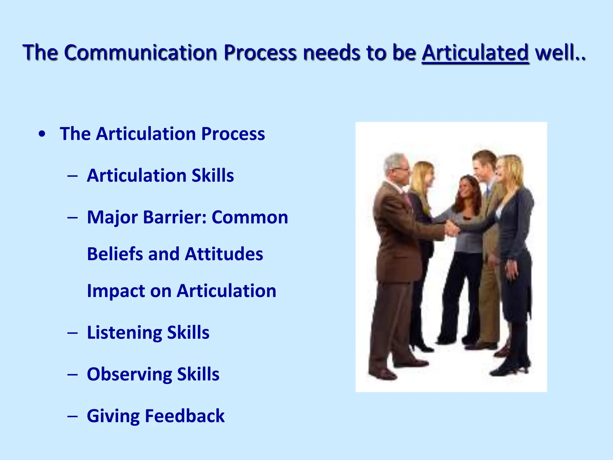 The Communication Process needs to be Articulated well..
• The Articulation Process
– Articulation Skills
– Major Barrier: Common
Beliefs and Attitudes
Impact on Articulation
– Listening Skills
– Observing Skills
– Giving Feedback
 