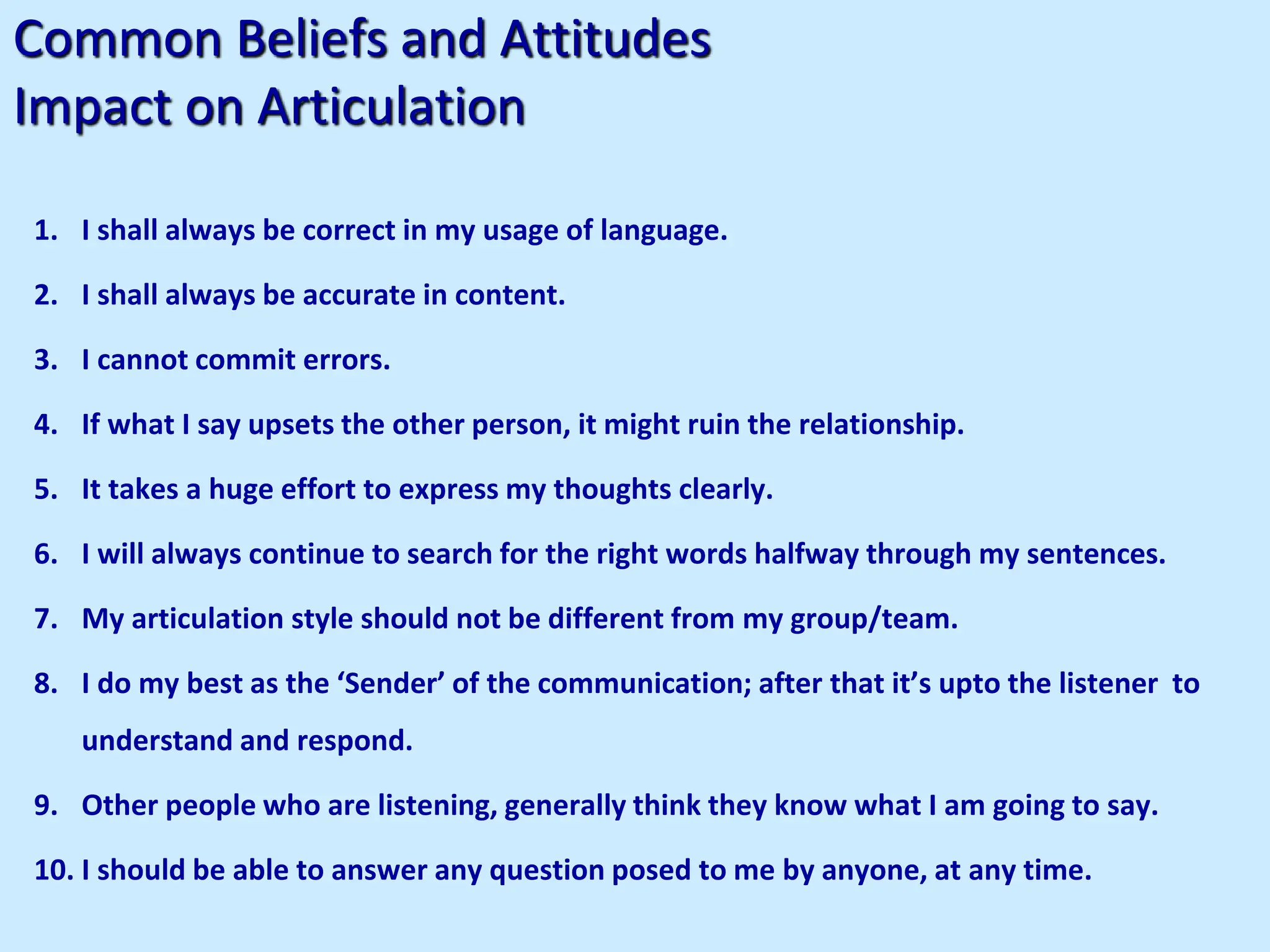 Common Beliefs and Attitudes
Impact on Articulation
1. I shall always be correct in my usage of language.
2. I shall always be accurate in content.
3. I cannot commit errors.
4. If what I say upsets the other person, it might ruin the relationship.
5. It takes a huge effort to express my thoughts clearly.
6. I will always continue to search for the right words halfway through my sentences.
7. My articulation style should not be different from my group/team.
8. I do my best as the ‘Sender’ of the communication; after that it’s upto the listener to
understand and respond.
9. Other people who are listening, generally think they know what I am going to say.
10. I should be able to answer any question posed to me by anyone, at any time.
 