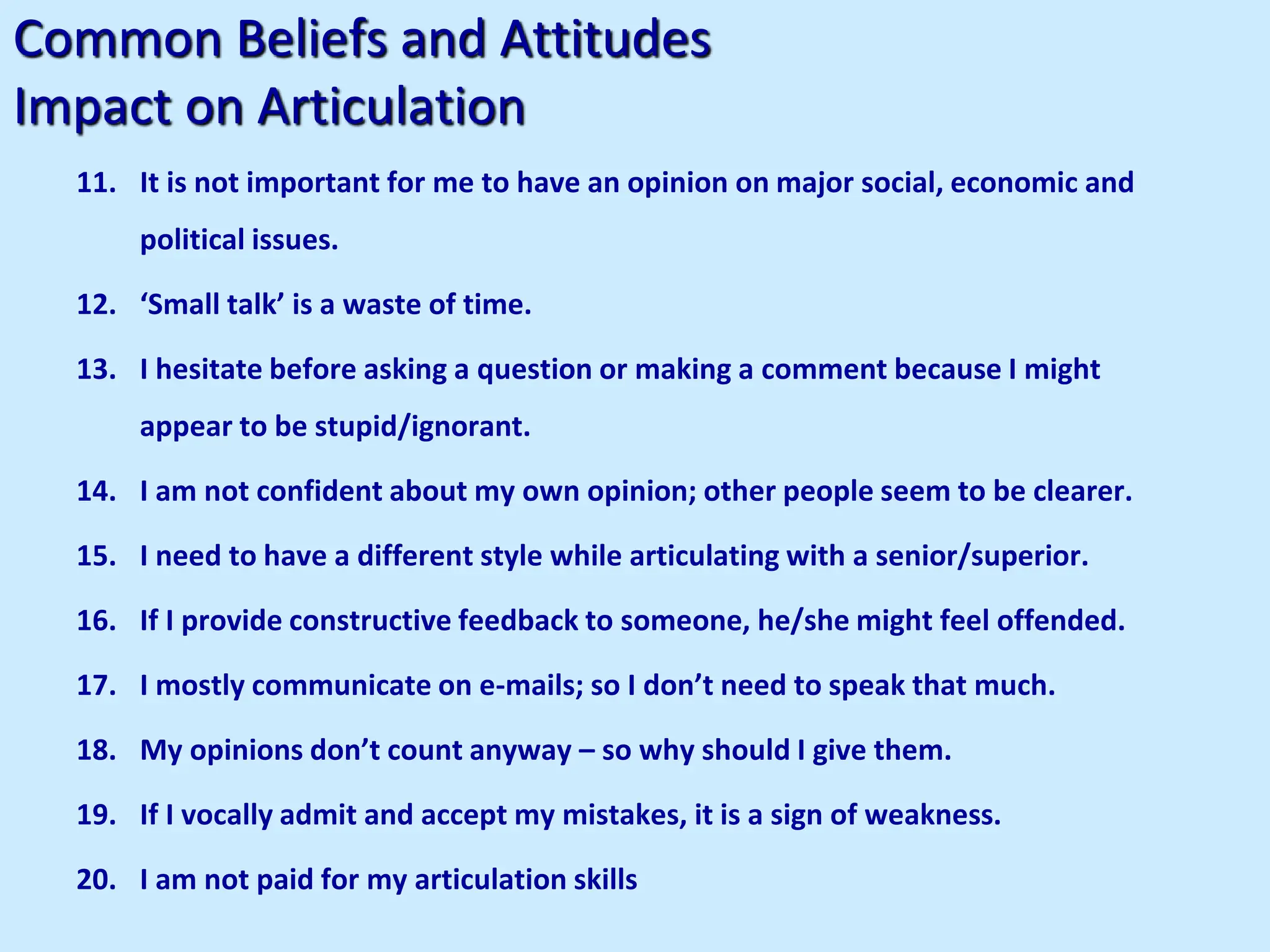 Common Beliefs and Attitudes
Impact on Articulation
11. It is not important for me to have an opinion on major social, economic and
political issues.
12. ‘Small talk’ is a waste of time.
13. I hesitate before asking a question or making a comment because I might
appear to be stupid/ignorant.
14. I am not confident about my own opinion; other people seem to be clearer.
15. I need to have a different style while articulating with a senior/superior.
16. If I provide constructive feedback to someone, he/she might feel offended.
17. I mostly communicate on e-mails; so I don’t need to speak that much.
18. My opinions don’t count anyway – so why should I give them.
19. If I vocally admit and accept my mistakes, it is a sign of weakness.
20. I am not paid for my articulation skills
 