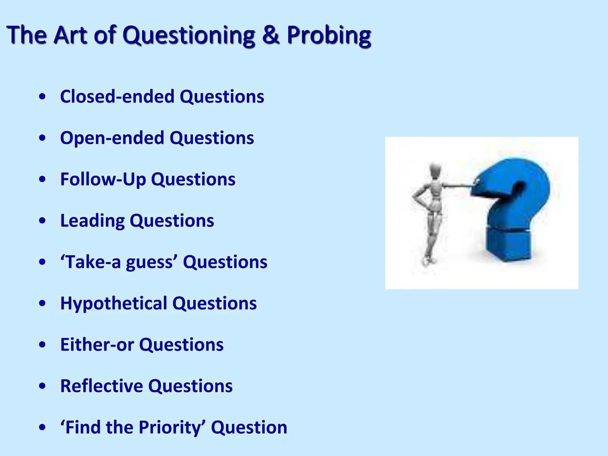 The Art of Questioning & Probing
• Closed-ended Questions
• Open-ended Questions
• Follow-Up Questions
• Leading Questions
• ‘Take-a guess’ Questions
• Hypothetical Questions
• Either-or Questions
• Reflective Questions
• ‘Find the Priority’ Question
 
