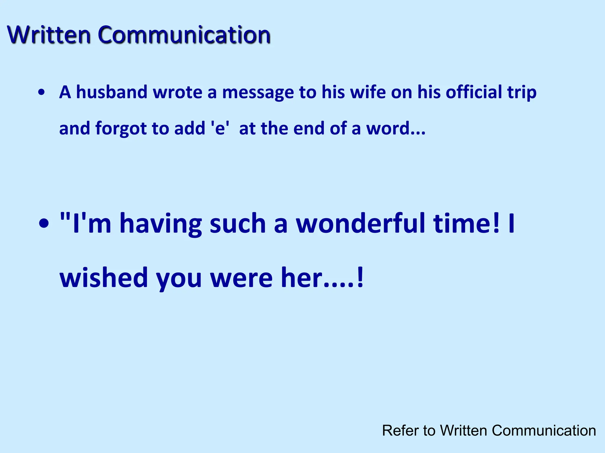 Written Communication
• A husband wrote a message to his wife on his official trip
and forgot to add 'e' at the end of a word...
• "I'm having such a wonderful time! I
wished you were her....!
Refer to Written Communication
 