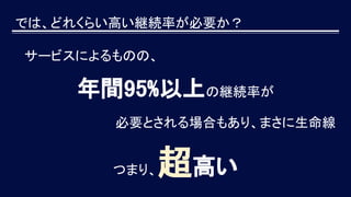 では、どれくらい高い継続率が必要か？
　サービスによるものの、
年間95%以上の継続率が
必要とされる場合もあり、まさに生命線　
つまり、超高い
 