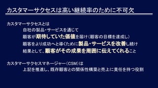 カスタマーサクセスは高い継続率のために不可欠
カスタマーサクセスとは
自社の製品・サービスを通じて
顧客が期待していた価値を届け（顧客の目標を達成し）
顧客をより成功へと導くために製品・サービスを改善し続け
結果として、顧客がその成果を周囲に伝えてくれること　　
カスタマーサクセスマネージャー（CSM）は
上記を推進し、既存顧客との関係性構築と売上に責任を持つ役割
 