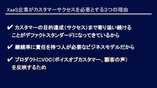 XaaS企業がカスタマーサクセスを必要とする３つの理由
✔ カスタマーの目的達成（サクセス）まで寄り添い続ける
　 ことがデファクトスタンダードになってきているから
✔ 継続率に責任を持つ人が必要なビジネスモデルだから
✔ プロダクトにVOC（ボイスオブカスタマー、顧客の声）
　 を反映するため
 