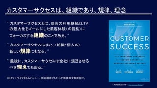 カスタマーサクセスは、組織であり、規律、理念
” カスタマーサクセスとは、顧客の利用継続とLTV
　の最大化をゴールにした顧客体験（の提供）に
　フォーカスする組織のことである。”
“ カスタマーサクセスはまた、（組織・個人の）
　新しい規律にもなる。”
“ 最後に、カスタマーサクセスは全社に浸透させる
　べき理念でもある。”
※LTV = ライフタイムバリュー。個の顧客がもたらす価値の全期間合計。
↑ 邦訳版もあります（ http://amzn.asia/8Hry0aX ）
 