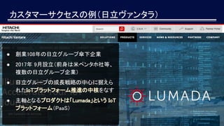 カスタマーサクセスの例（日立ヴァンタラ）
● 創業108年の日立グループ傘下企業
● 2017年 9月設立（前身は米ペンタホ社等、
複数の日立グループ企業）
● 日立グループの成長戦略の中心に据えら
れたIoTプラットフォーム推進の中核をなす
● 主軸となるプロダクトは「Lumada」という IoT
プラットフォーム（PaaS）
 