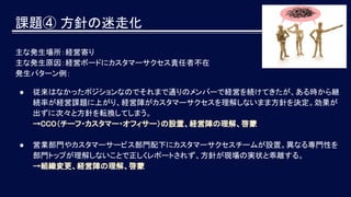 主な発生場所：経営寄り
主な発生原因：経営ボードにカスタマーサクセス責任者不在
発生パターン例：
● 従来はなかったポジションなのでそれまで通りのメンバーで経営を続けてきたが、ある時から継
続率が経営課題に上がり、経営陣がカスタマーサクセスを理解しないまま方針を決定。効果が
出ずに次々と方針を転換してしまう。
→CCO（チーフ・カスタマー・オフィサー）の設置、経営陣の理解、啓蒙
● 営業部門やカスタマーサービス部門配下にカスタマーサクセスチームが設置。異なる専門性を
部門トップが理解しないことで正しくレポートされず、方針が現場の実状と乖離する。
→組織変更、経営陣の理解、啓蒙
課題④ 方針の迷走化
 