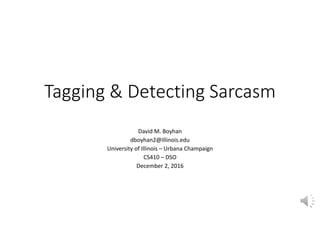 Tagging & Detecting Sarcasm
David M. Boyhan
dboyhan2@Illinois.edu
University of Illinois – Urbana Champaign
CS410 – DSO
December 2, 2016
 