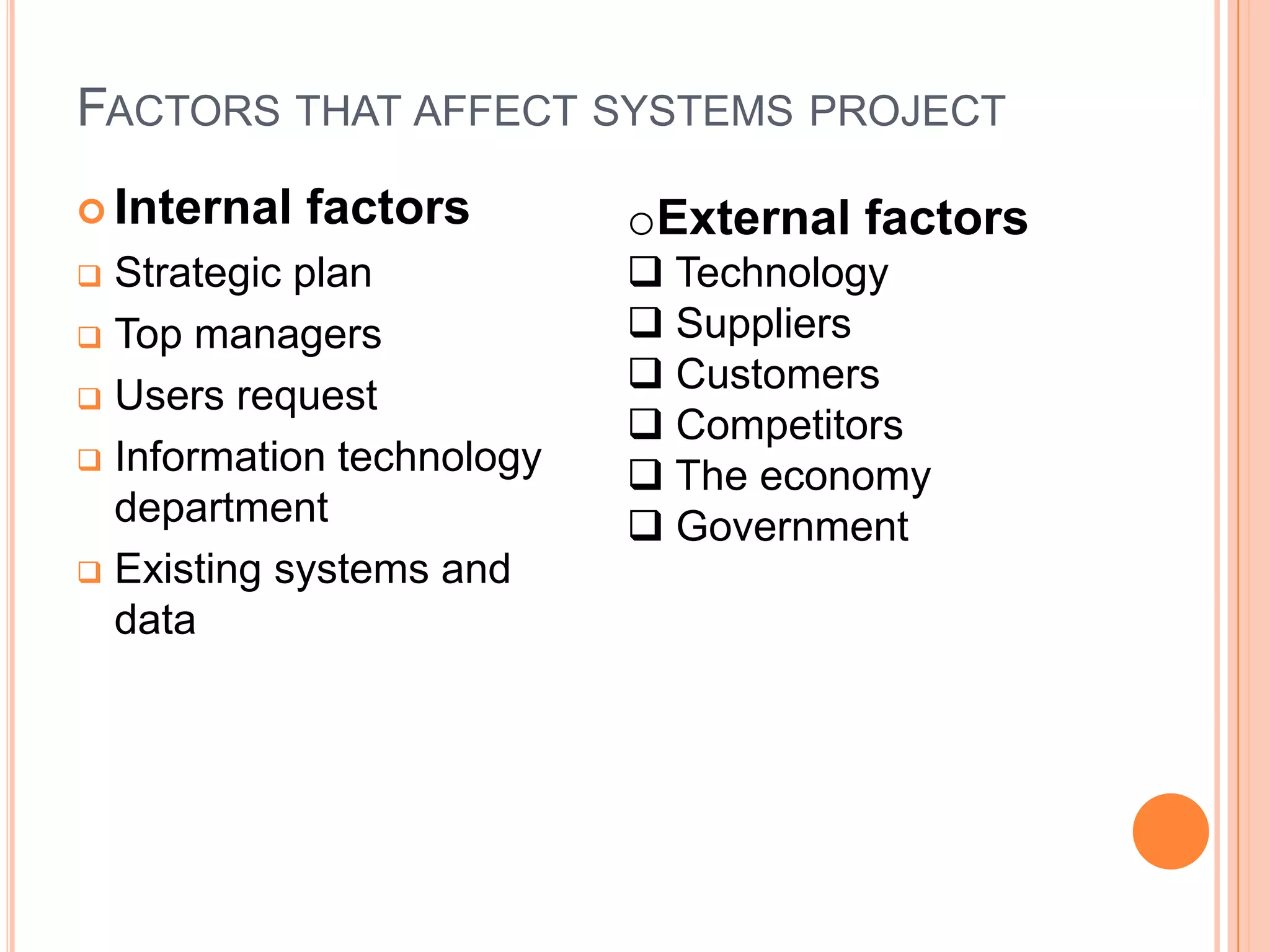 FACTORS THAT AFFECT SYSTEMS PROJECT
 Internal   factors       oExternal factors
 Strategic plan            Technology
 Top managers              Suppliers
                            Customers
 Users request
                            Competitors
 Information technology
                            The economy
  department                Government
 Existing systems and
  data
 