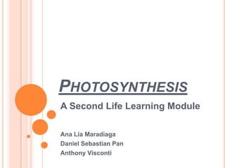 Photosynthesis A Second Life Learning Module Ana Lia Maradiaga Daniel Sebastian Pan Anthony Visconti 