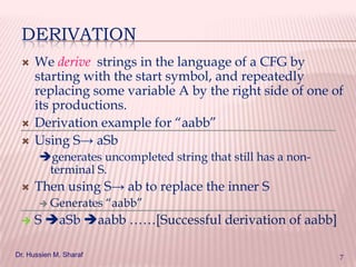 DERIVATION





We derive strings in the language of a CFG by
starting with the start symbol, and repeatedly
replacing some variable A by the right side of one of
its productions.
Derivation example for “aabb”
Using S→ aSb
generates uncompleted string that still has a nonterminal S.



Then using S→ ab to replace the inner S
 Generates



“aabb”

S aSb aabb ……[Successful derivation of aabb]

Dr. Hussien M. Sharaf

7

 