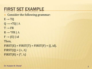 FIRST SET EXAMPLE
Consider the following grammar:
E → TQ
Q → +TQ |
T → FR
R → *FR |
F → (E) | id
Then,
FIRST(E) = FIRST(T) = FIRST(F) = {(, id}.
FIRST(Q) = {+, }
FIRST(R) = {*, }


Dr. Hussien M. Sharaf

3

 