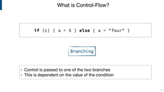 What is Control-Flow?
11
if (c) { a = 5 } else { a = "four" }
- Control is passed to one of the two branches

- This is dependent on the value of the condition
Branching
 