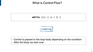 What is Control-Flow?
12
while (c) { a = 5 }
- Control is passed to the loop body depending on the condition

- After the body we start over
Looping
 