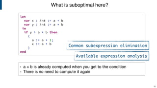 let
var x : int := a + b
var y : int := a * b
in
if y > a + b then
(
a := a + 1;
x := a + b
)
end
What is suboptimal here?
35
- a + b is already computed when you get to the condition

- There is no need to compute it again
Common subexpression elimination
Available expression analysis
 